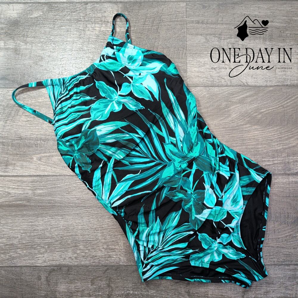 Jantzen High Neck Tropical One Piece Swimsuit Black Teal NWT $95 Size 6